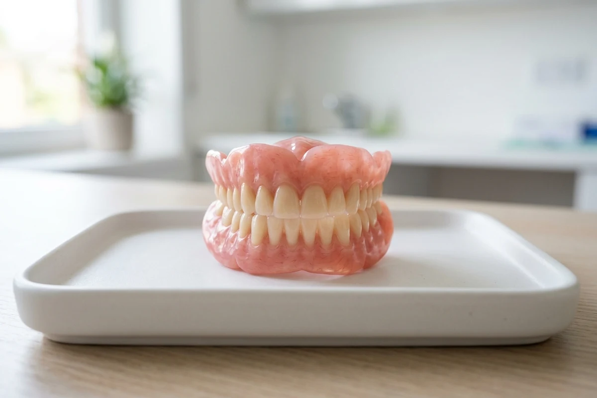 Complete removable dentures displayed on a clean ceramic tray