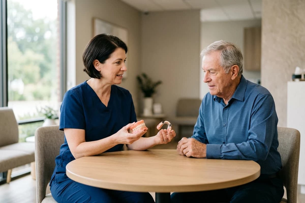 Dentist comparing full and partial denture models with an older patient