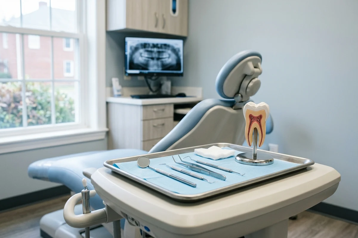 a bright general dentistry operatory prepared for a comprehensive examination, with a dental mirror, clean instrument tray, and anatomical tooth model for dentist Columbia PA